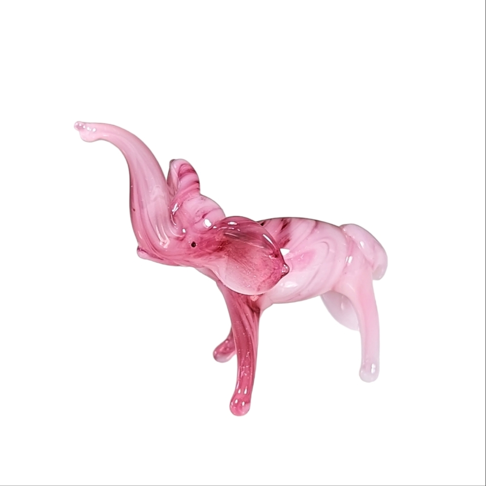 Vintage Hand Blown Art Glass Miniature Pink Elephant Trunk Up And Two Penguins